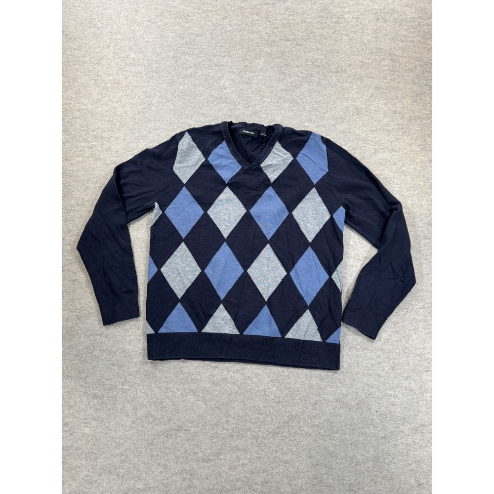 Claiborne Sweater Mens Medium Navy Blue Argyle Diamond Cotton Tight Knit V Neck